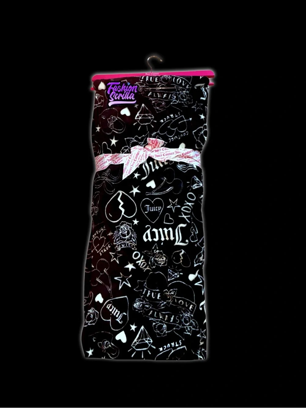 Juicy Couture RARE Oversized Plush Throw Blanket Y2K Tattoo Flash Doodle Design